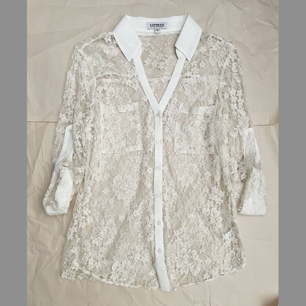 Express Portofino White Sheer Lace Blouse V-Neck Roll Tab Sleeves Size S/P